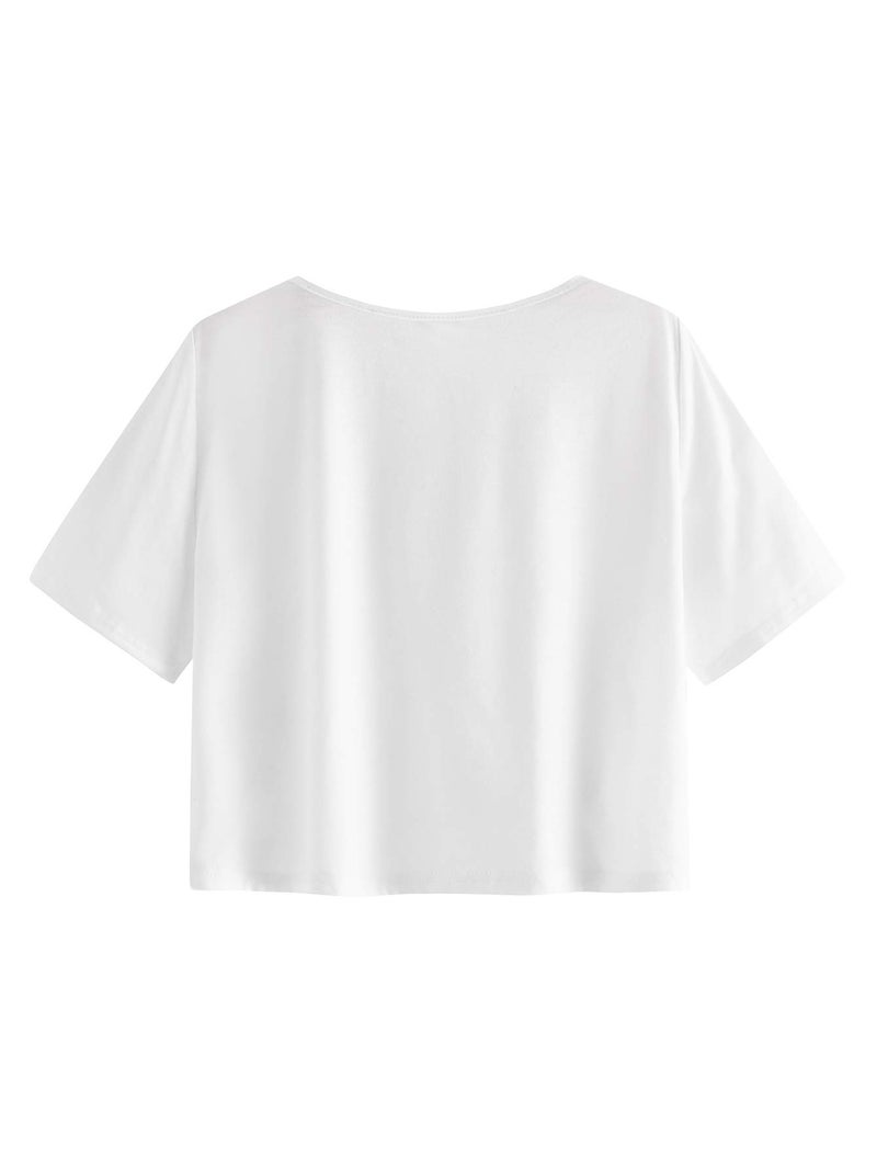 SweatyRocks Women's Casual V Neck Short Sleeve Basic Solid Crop Top T-Shirt White L - Image 2